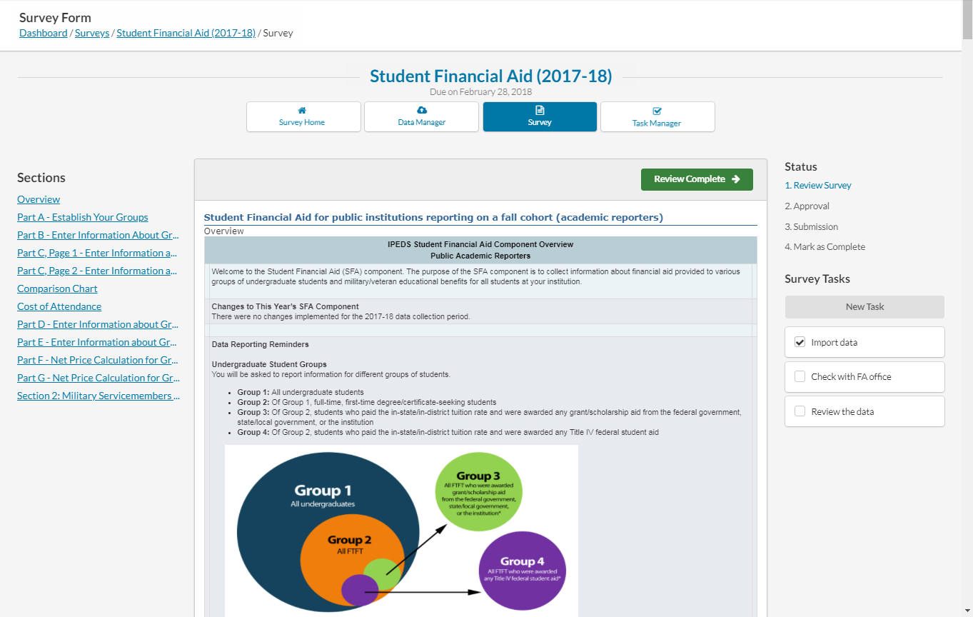 Student Financial Aid (v1) survey form showing the text of the survey.